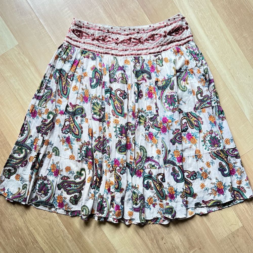 Angie paisley sequin colorful floral patterned flowy midi skirt fully lined